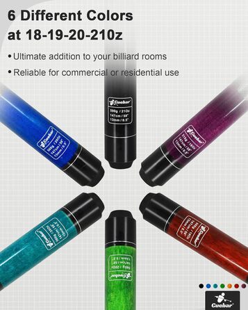 Набір київ для більяру CUEBAR (6 шт.) з 3D-рукояткою, 147,3 см. Підходить для чоловіків та жінок. Різні кольори (фіолетовий, червоний, зелений, блакитно-зелений, синій, чорний).