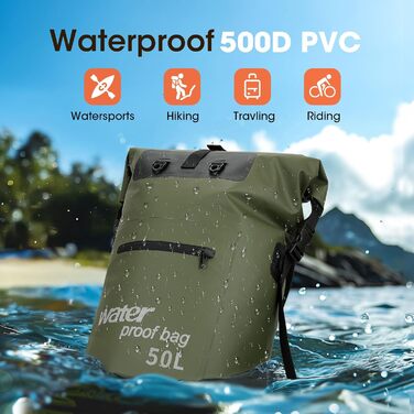 Водонепроникний рюкзак WELDUN 50L Rolltop Dry Bag з IPX8 чохлом для телефону, для каякінгу, кемпінгу, трекінгу, подорожей та водних видів спорту (Зелений, 50L)