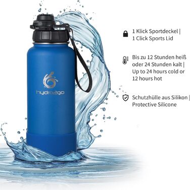 Гідрофляга з нержавіючої сталі hydro2go 1 л, термос для води, спортивна пляшка з кришкою, BPA-free, герметична, для спорту та активного відпочинку, синя