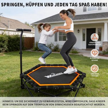 Складаний фітнес-батут для дому з регульованою ручкою, навантаження до 150 кг, діаметр 86.5 см, помаранчевий — для дорослих та дітей