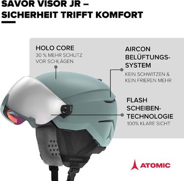 Дитячий лижний шолом ATOMIC SAVOR VISOR JR із візором, зелений, 48-52 см, максимальний захист, вентиляція, дзеркальна лінза
