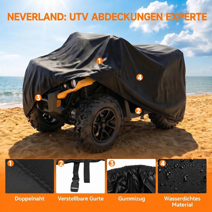 Водонепроникний чохол на квадроцикл NEVERLAND XXXL (256x110x120 см) — захисний тент з поліестеру 190T від дощу, снігу, пилу та UV-променів, чорний