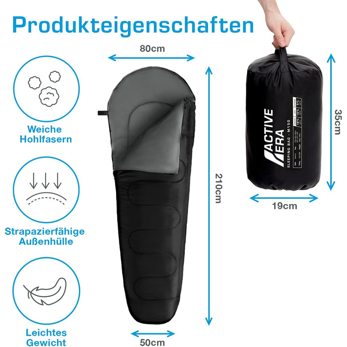 Сплячий мішок Active Era Mumienschlafsack для кемпінгу: зимовий, літній, водонепроникний, ультралегкий, -10°C до 10°C