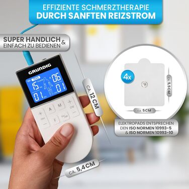 GRUNDIG Пристрій TENS для терапії болю, електростимулятор з 50 програмами та 16 рівнів інтенсивності - 3в1, EMS, акумуляторний, для розслаблення м'язів