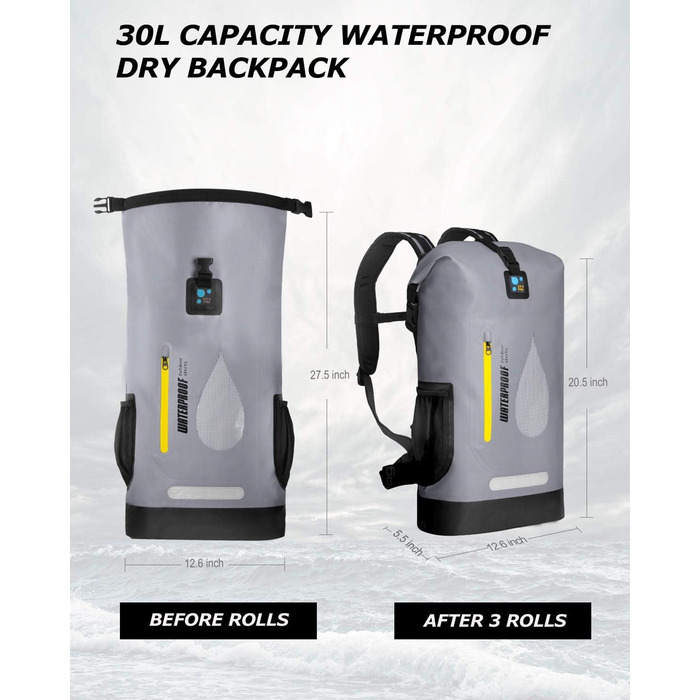 Водонепроникний рюкзак IDRYBAG 30L з PVC, для каякінгу, кемпінгу та подорожей (сірий)
