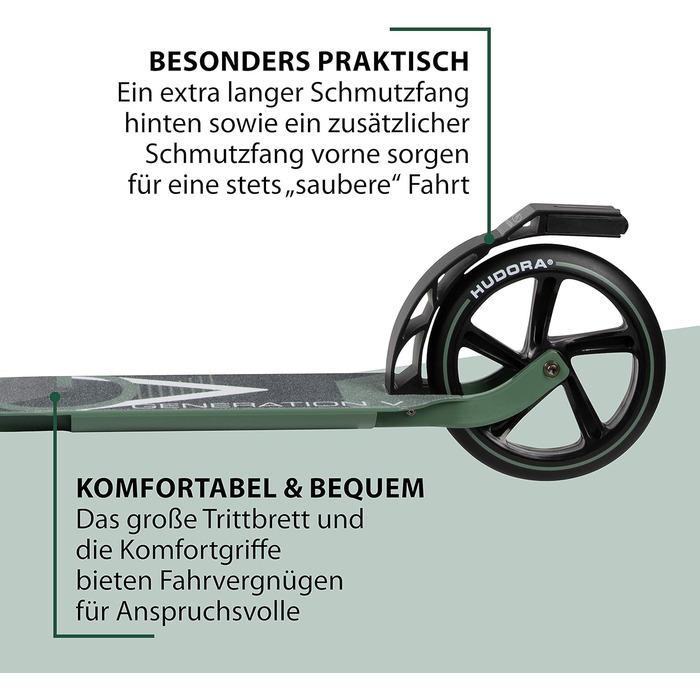 Дитячий та підлітковий самокат HUDORA BigWheel Generation V 205, оливковий, легкий складаний самокат із великими колесами та підвищеною плавністю ходу