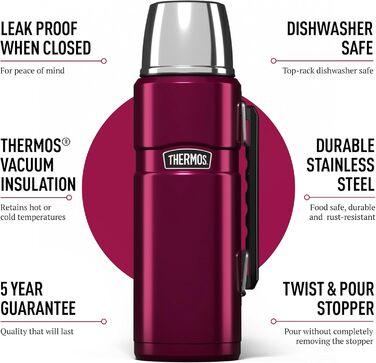 Термос Thermos Stainless King 1200 мл, нержавіюча сталь, силікон, пластик, колір малиновий