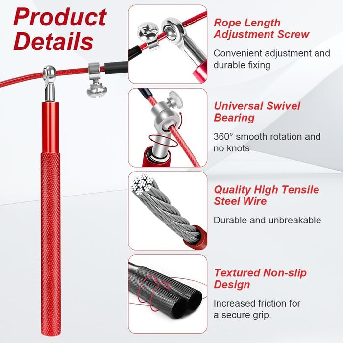 Скакалка Flintronic Speed Springseil: Регульована 300см з подвійним підшипником & алюмінієвою ручкою, для фітнесу, кросфіту, боксу та кардіо (#5 Червоний)