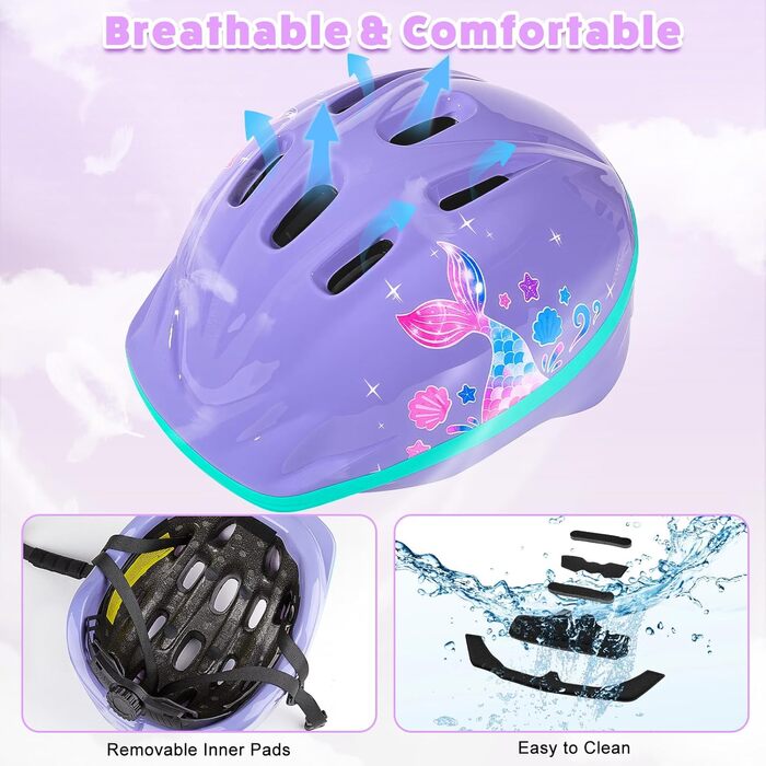 Дитячий шолом та захист для велосипеда/скейтборда, 3-8 років, дівчинка, LED-ліхтарики, регульовані наколінники та налокітники, комплект, фіолетовий, русалка