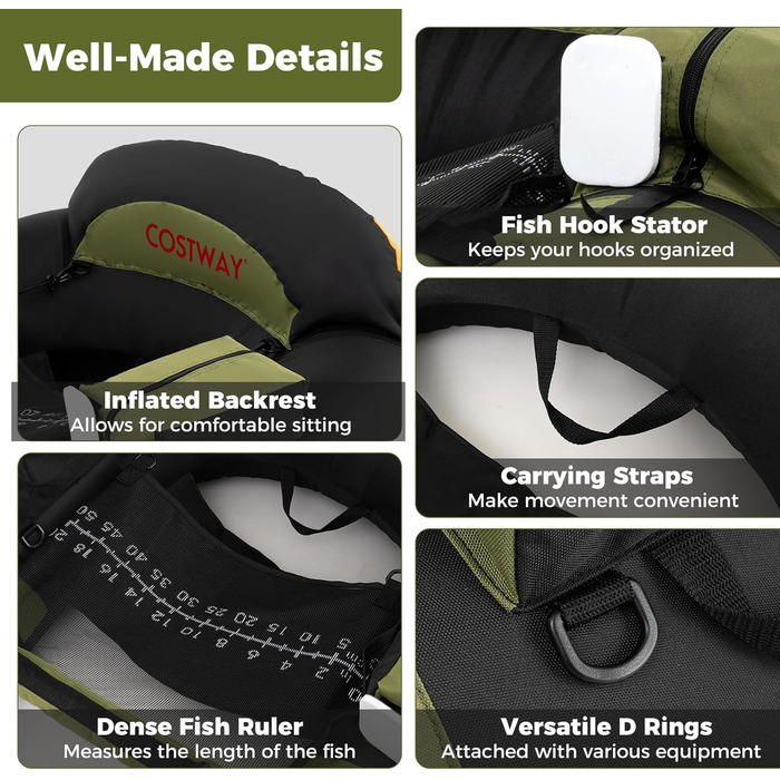 Надувний човен FANTASK для риболовлі з насосом, алюмінієвим веслом та ластами, регульованим утримувачем для вудки, статором для гачків, для дорослих, зелений