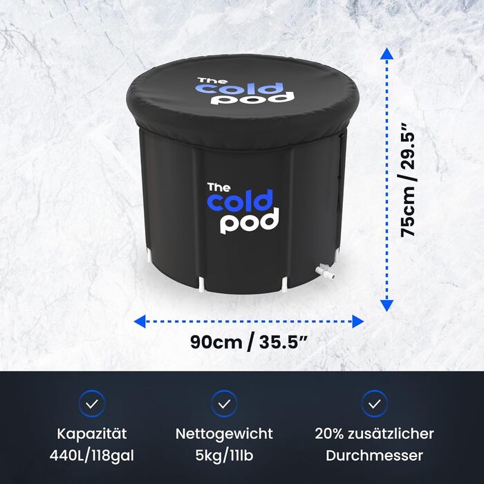 Крижана ванна The Cold Pod 440 л для атлетів з кришкою, портативна складна ванна для криотерапії, для дому та вулиці, для дорослих
