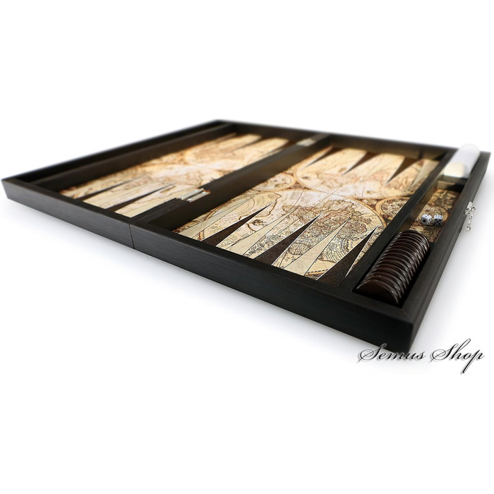 Набір для гри в нарди Trendy Antique Map XXL з картографічним дизайном, розкладне поле з екошкіри, 49 x 30 x 6 см, з 30 шашками та 2 кубиках – турецька якість