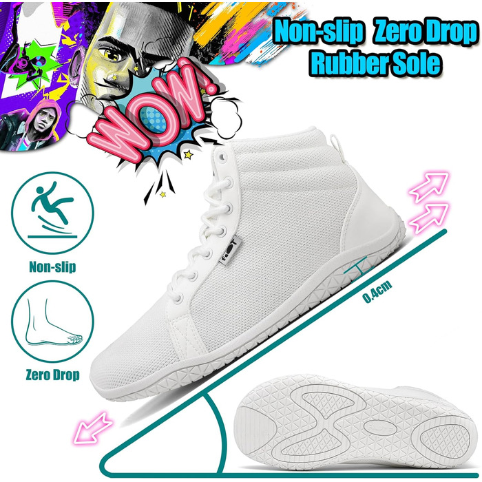 Мінімалістичні кросівки без шнурів Hi-top для чоловіків та жінок. Легкі, зручні кросівки для ходьби, трейлраннінгу та фітнесу. Zero Drop підошва, неслизька, білі, 42 EU.
