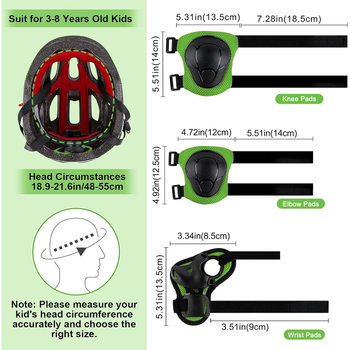 Дитячий шолом Kinderhelm для велосипеда, 3-8 років, регульований, захист для дівчаток, комплект наколінників (зелений/чорний)