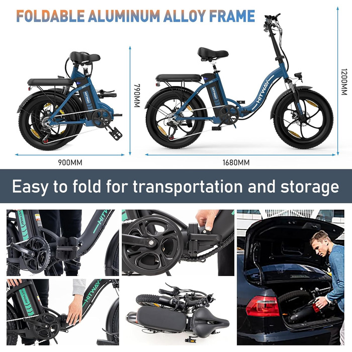 Електровелосипед HITWAY 20'' Fat Tire, складаний, 250W/36V/12Ah, 35-90 км, 7 швидкостей, гірський та міський для чоловіків і жінок