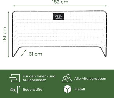 Футбольні ворота Umbro 182x122x61 см, металеві, чорні, для дітей і дорослих, для саду та дому, тренувальні