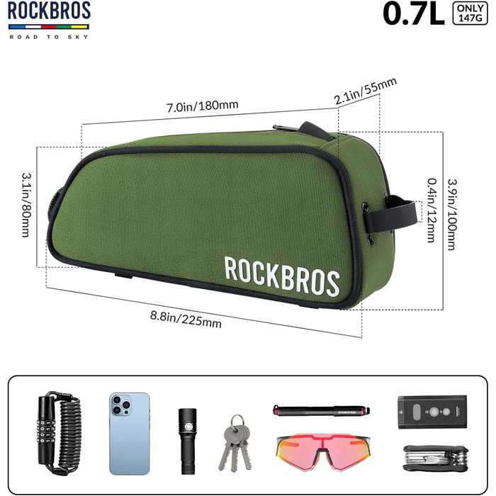 ROCKBROS Велосипедна сумка на раму Road-to-Sky, водовідштовхувальна, 0,7 л, з відбивачами, для шосейних, гірських та гравійних велосипедів, зелена