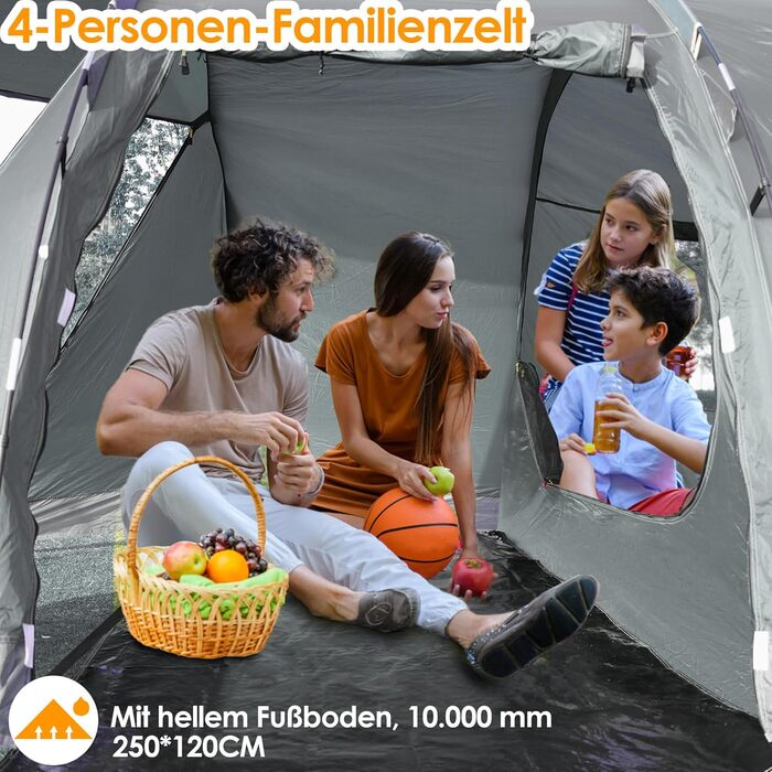 Намет для кемпінгу на 4 особи: водонепроникний тунельний намет для сім'ї та групи, з шатром для сну, сірий
