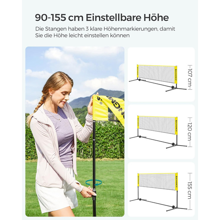 SONGMICS М'язова сітка для бадмінтону та волейболу, регульована висота, переносний набір для тенісу, пляжного волейболу, для саду, парку, на відкритому повітрі (4 м, жовта)