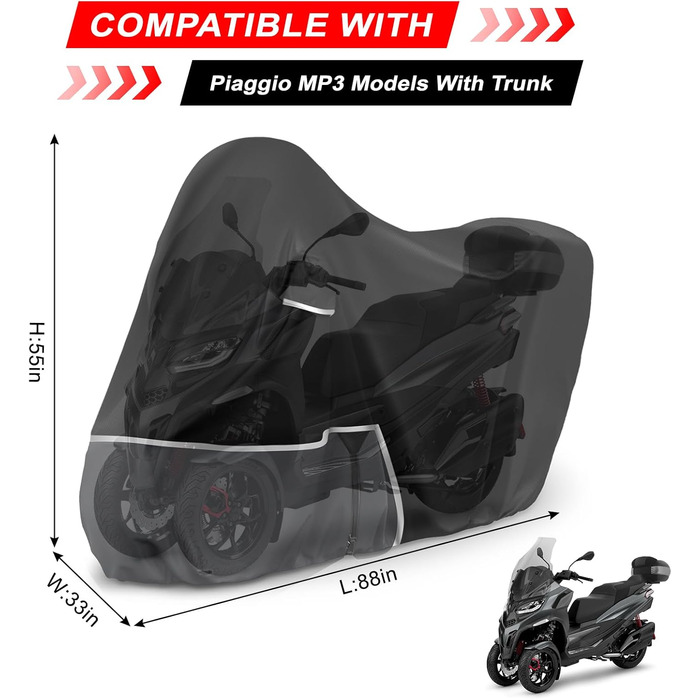 Водонепроникний чохол на мотоцикл Piaggio Vespa GTV GTS GT 60/125/200/250/300 з кофром, Oxford 420D, чорно-сірий