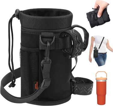 Фляготримач для велосипеда Design Wish 24-40oz без гвинтів, з сітчастою кишенею та ременем, 1180 мл, чорний лайкра