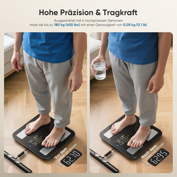 Смарт-ваги для тіла з аналізатором жиру Personenwaage: Bluetooth, 28 показників, до 180 кг