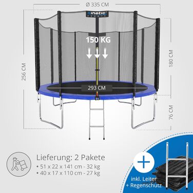 Трамплін KINETIC SPORTS Salto Plus Outdoor: Ø 183/244/305/366/400/430/490 см - Комплект для дітей, США, з сіткою та сходинками, до 160 кг