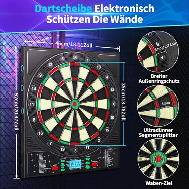 Електронний дартс Dartscheibe Profi з LCD-дисплеєм, 34 гри, 355 варіацій, 12 дротиків, для 1-8 гравців