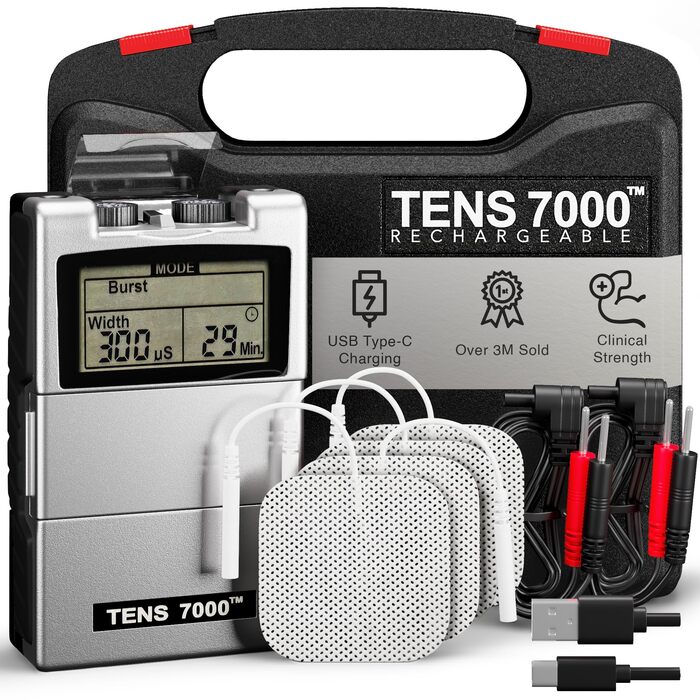 TENS 7000 - Електричний масажер для зняття болю в спині та м'язах. Комплект з 4 електрода. Масажер для м'язової регенерації та росту. Електротерапія TENS.