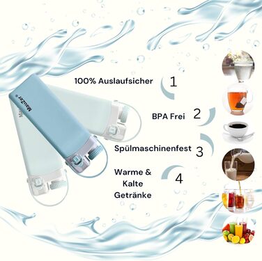 Складана пляшка для води Mauzer® з трубочкою - 600 мл, без BPA, синій. Ідеально для дітей, спорту, подорожей, кемпінгу та фестивалів.