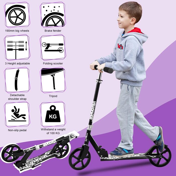 Самокат Cecaylie Cityroller з великими колесами, складаний, регульований по висоті, для дітей і дорослих, заднє гальмо, ремінь для перенесення, до 100 кг