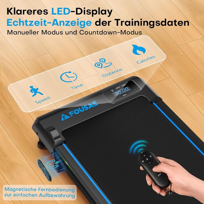 Walking Pad - біговий доріжка для дому з регулюванням нахилу до 9%, потужність 2.5HP, LED-дисплей, пульт дистанційного керування, 12 програм, подвійне амортизація, до 150 кг, чорно-блакитний