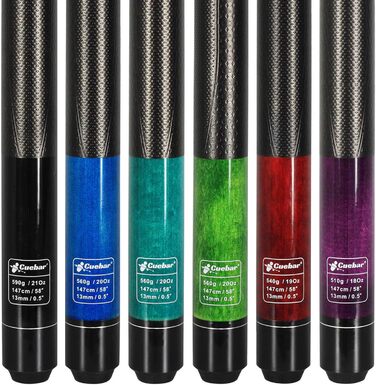 Набір київ для більяру CUEBAR (6 шт.) з 3D-рукояткою, 147,3 см. Підходить для чоловіків та жінок. Різні кольори (фіолетовий, червоний, зелений, блакитно-зелений, синій, чорний).