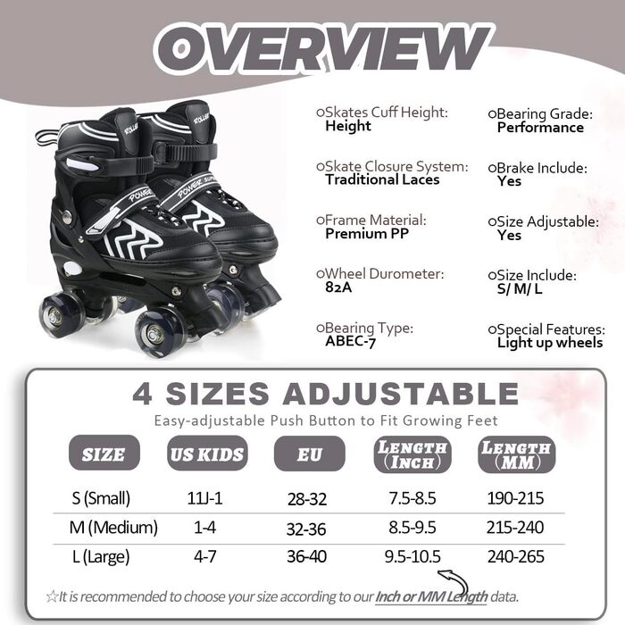 Дитячі ролики Kinder для дівчаток та хлопчиків, регульовані, з підсвічуванням, Quad Skates, для дому та вулиці