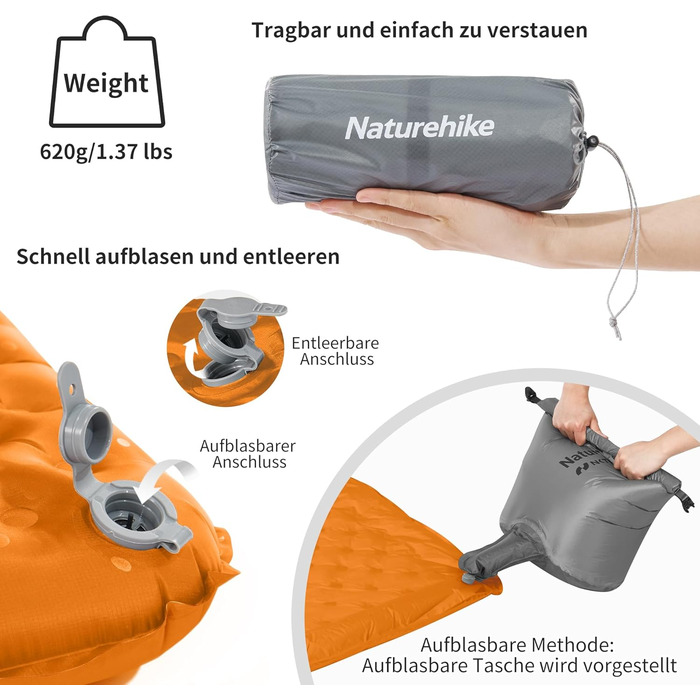 Каремат Naturehike Thermal 5.8 R-Wert для кемпінгу, самонадувний, 183x64 см (Помаранчевий)