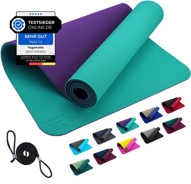 Килимок для йоги GeckoGrip Perfect-Fit 190x60x0.6 см TPE Sensi-Plus: Нековзний, екологічний, з ременем - для гімнастики та спорту (бірюзовий/ліловий)