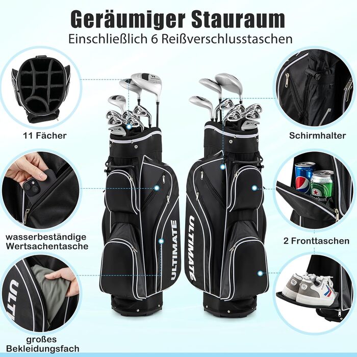 GYMAX Комплект жіночих гольф-клунів, 9-ти частинний: 3 дерева (#1,3,4), 5 залізо (#6,7,8,9,PW) та 1 паттер, з сумкою-стійкою та дощовим захистом (Чорний)