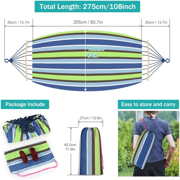 Гамак для відпочинку на природі: Outdoor, для кемпінгу, з дерев'яною перекладиною, ременями кріплення та сумкою. Підходить для дому, балкону, тераси, саду, подорожей з рюкзаком (світло-зелений)