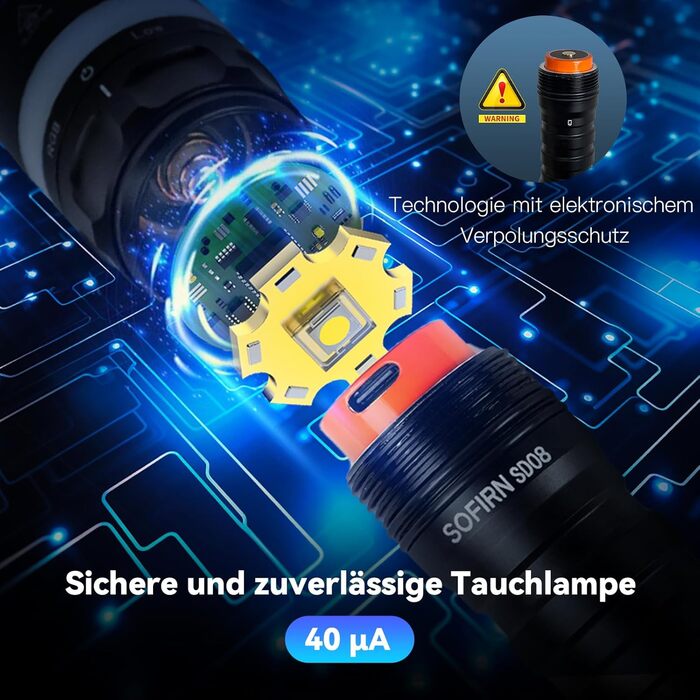 Sofirn SD08 водонепроникний ліхтар-фара LED, 3200 люмен, з LED-індикатором, 4 режими, IPX8, для дайвінгу, фотозйомки та повсякденного використання