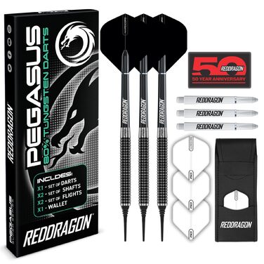 Дарти Red Dragon Pegasus Tungsten 20г: сталеві, з білими пір'ями та кейсом