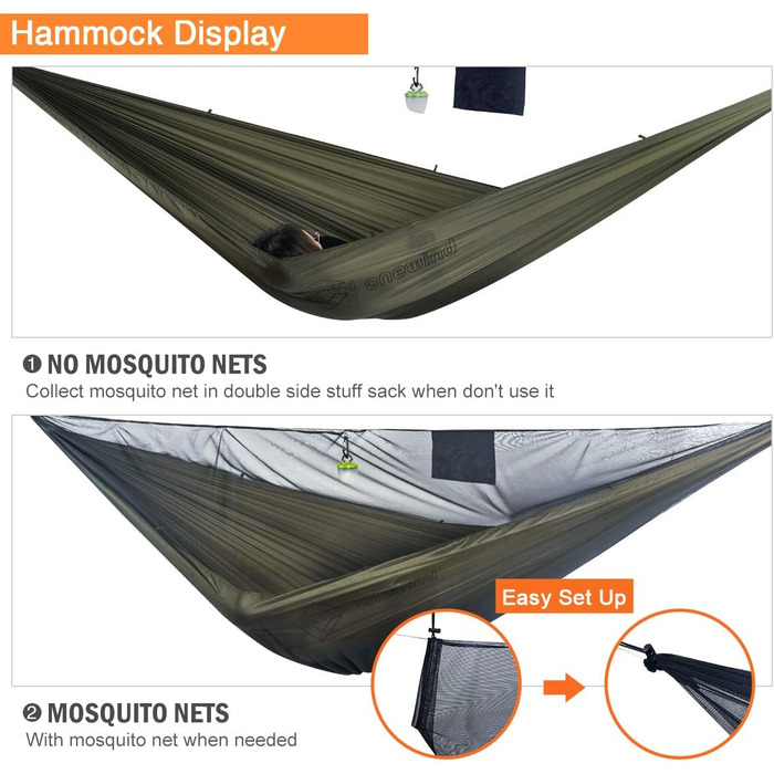 Гамак для кемпінгу OneWind з москітною сіткою, 3,35м x 1,72м, зелений