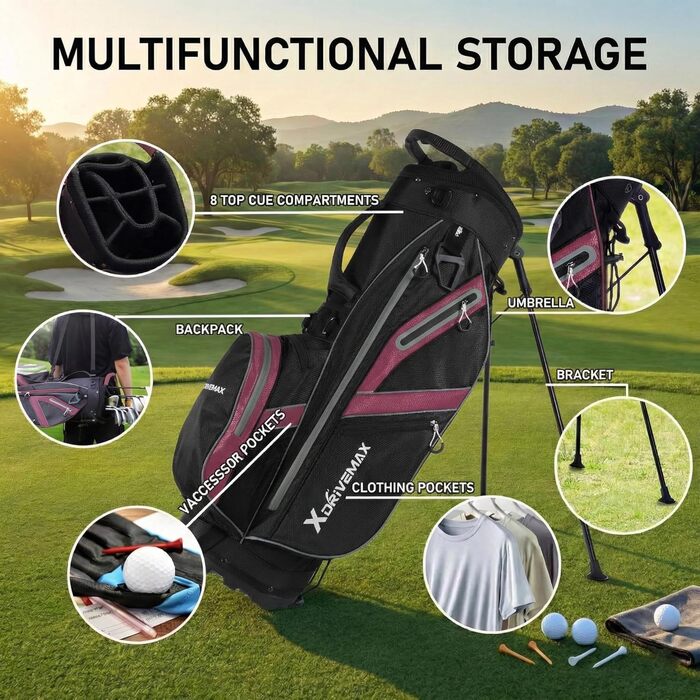 Легкий гольф-мішок Standbag з 8 відділеннями для чоловіків та жінок, преміум-якість, з дощовим чохлом, кишенькою для охолодження та комплектом аксесуарів (червоний/Ausflug, однотонний (Getaway Solids))