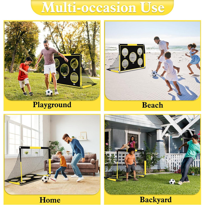 Дитячі воріта для футболу 2-в-1, 150х120 см, портативні та стабільні, з 5 цілями, 4 анкери та сумка, для саду, парку, пляжу (жовті)