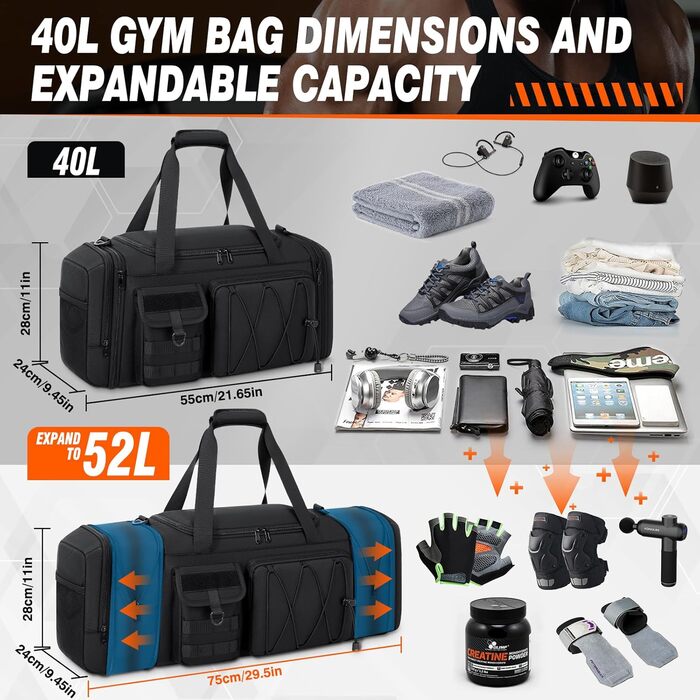 Спортивна сумка RAINSMORE 40L, водонепроникна, з відділенням для взуття, для чоловіків та жінок, чорна