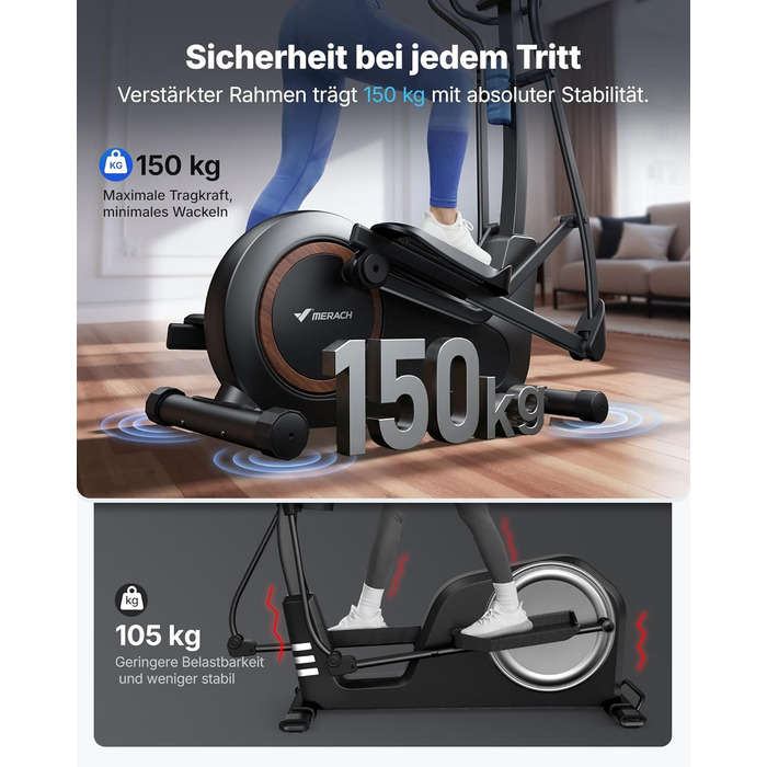 Еліптичний тренажер MERACH E33 для дому: 16 рівнів опору, самостійне живлення, до 150 кг, ультратихий, з додатком