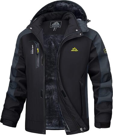 MAGCOMSEN Куртка зимова чоловіча тепла з підкладкою, водонепроникна, для катання на сноуборді та лижах, туристична, робоча знімною капюшоном (Чорно-сірий, XL)
