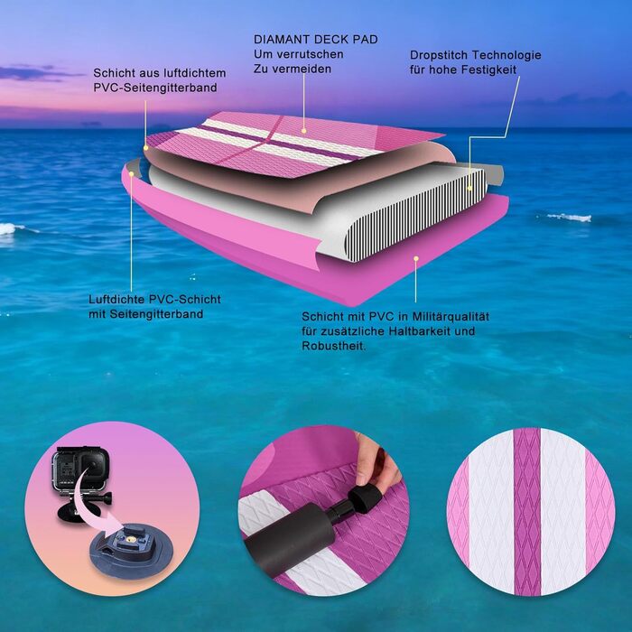 Надувний SUP Борд Stand Up Paddle Board Set, 330x76x15см, з кріслом для каяка, тримачем для камери, інтегрованим кік-педом, регульованим веслом, 3 фінами, повним аксесуаром, до 150кг, рожевий