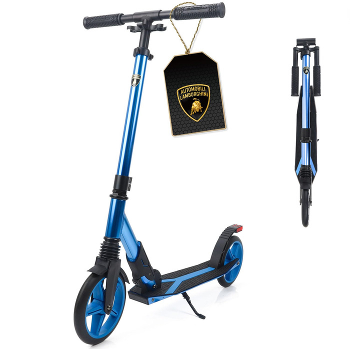 Скутер Lamborghini Tretroller Cityroller з великим колесом, складаний, регульована висота, для дорослих та дітей, з підставкою, передньою амортизацією та гальмом на задньому колесі, синій, до 100 кг