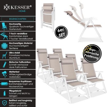Крісло садове KESSER® з високою спинкою, з підлокітниками, алюмінієве, розкладне, з подушкою та чохлом. Регулювання спинки 7 положень, дихаючий матеріал, вологостійке. 1 шт (6 шт, бежевий)