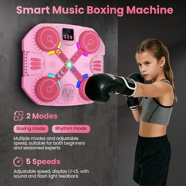 Дитяча боксерська машина з підсвіткою та музикою, Bluetooth, 5 швидкостей, 2 режими тренування, підрахунок ударів, кріплення на стіну (Рожева)